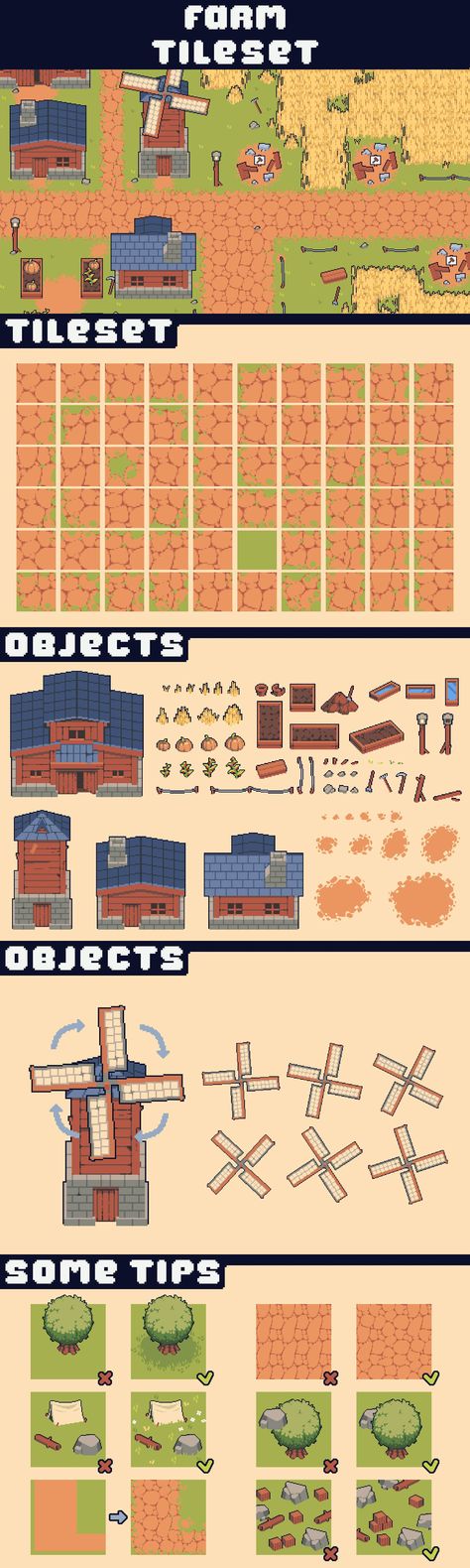 Farm Tileset Pixel Art Asset Pack for Tower Defense is an excellent choice for those developers who want to create an amazing world filled with a variety of resources, objects and other unique graphics. Here, there is a large selection of level tiles, decorative objects such as a farm building, a barn, a house, a mill, mud spots, beds, pots, wheat, pumpkins, a fence, tools, help icons and other useful elements that will allow you to recreate a truly mesmerizing world of farms and agriculture.