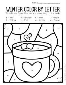 Color by Lowercase Letter Winter Preschool Worksheets Hot Chocolate Hot Cocoa Kindergarten, Winter Themed Worksheets, Winter Color By Number Preschool, January Color By Number, December Printables For Kids, Hot Cocoa Activities For Kids, Hot Cocoa Activities For Preschool, Winter Worksheets For Preschool, Winter Kindergarten Worksheets