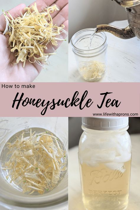 Honeysuckle tea - Easy to make - Life with Aprons Honeysuckle Tea, Homesteading Tips, Diy Medicine, Foraging Recipes, Winter Tea, Homemade Tea, Foraged Food, Tea Diy, Herbal Recipes