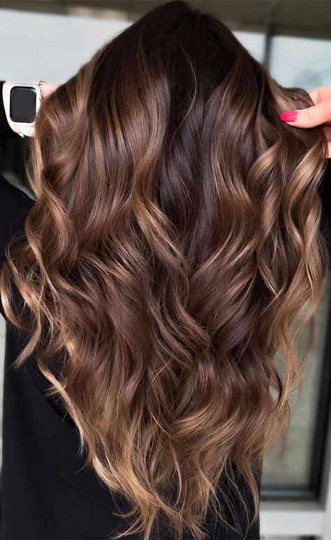 Coffee Brown Hair Balayage, Coffee Hair Color Highlights, Butterscotch Brown Hair Color, Milk Chocolate Brown Hair Balayage, Hazelnut Brown Hair Balayage, Milk Chocolate Toffee Hair Color, Wedding Hair Color Ideas Brunettes, Cocoa Brown Balayage, Coffee Brown Balayage