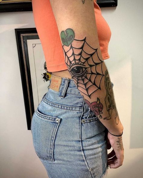 Web Elbow Tattoo, Tattoo On Elbow, Sunshine Tattoos, Small Wave Tattoo, Spider Web Tattoo, Mandala Tattoos, Elbow Tattoo, Web Tattoo, Small Tats