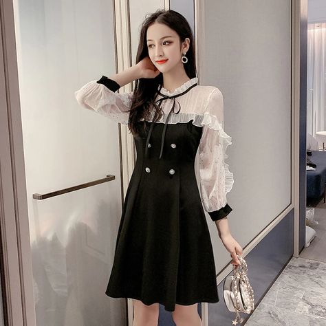 Buy Fleepmart Ladies Elegant Party Dresses New Autumn Fashion Korean Style Patchwork Chiffon Ruffles Knee-length Women A-line Dress S031 at fleepmart.com! Free shipping to 185 countries. 45 days money back guarantee. Korean Party Outfit Night, Korean Evening Dress, Korean Party Outfit Night Club, Korean Party Outfit, Autumn Fashion Korean, Dress Club Outfit, Dress Club Outfit Night, Korean Black Mini Dress, Night Club Dresses