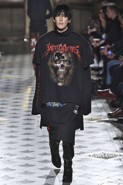 These References In The Vetements Show Look Eerily Familiar #refinery29 Metal Fashion Men, Vetements Hoodie, Show Look, Heavy Metal Fashion, Metal Fashion, Estilo Punk, Oversized Top, Metal Band, Punk Fashion