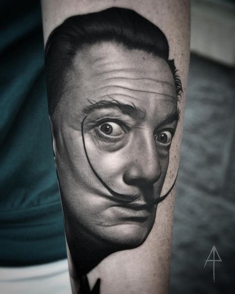 Dali Tattoo, Best Portraits, Grey Tattoo, Realism Tattoo, Salvador Dali, Thigh Tattoo, Life Tattoos, Black And Grey Tattoos, Big Tattoo