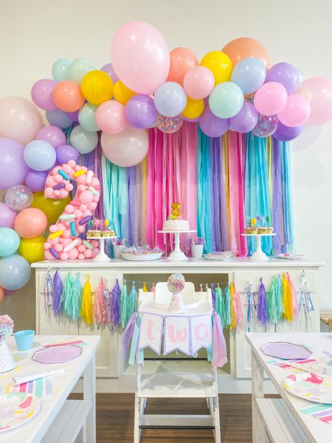 Im Two Cute Birthday Party Ideas, Two Sweet Birthday Decorations, Two Is Sweet Birthday Party, Sweet One Party Theme, Two Cute Two Sweet Two Fun Birthday, Two Sweet Party 2nd Birthday Decoration Ideas, Rainbow Second Birthday Party, Donut Theme 2nd Birthday Party, Two Bubbly Birthday Theme