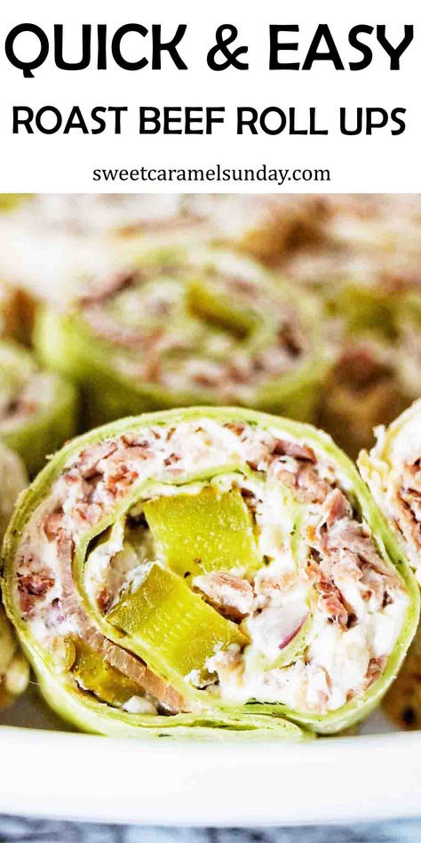 Green tortilla roll up with roast beef and pickle filling on white plate. Deli Roast Beef Appetizers, Roast Beef Horseradish Roll Ups, Roast Beef Tortilla Roll Ups, Dried Beef Roll Ups With Cream Cheese, Deli Roast Beef Recipes Dinners, Ham Tortilla Roll Ups, Meat And Cheese Roll Ups, Pickle Tortilla Roll Ups, Roast Beef Pinwheels