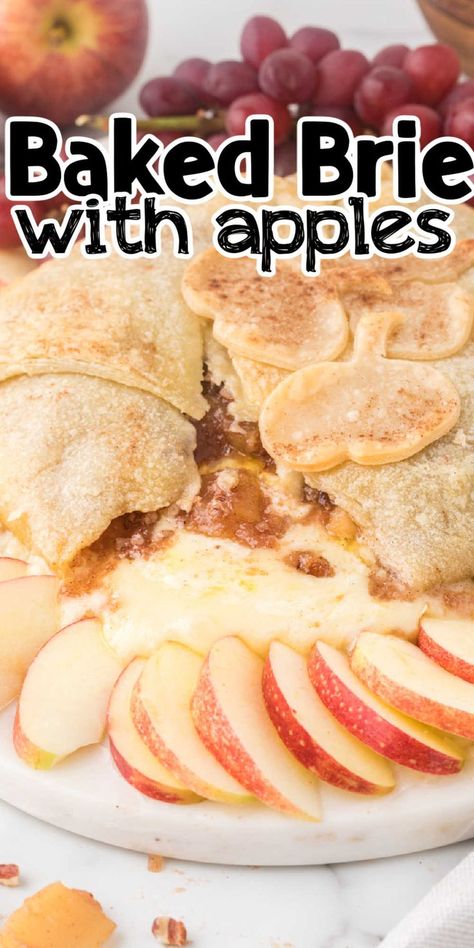 Try this puff pastry baked brie with apples for an elegant, easy-to-make appetizer. Perfect for the holidays! Apple Baked Brie In Puff Pastry, Bree Cheese Recipes Puff Pastries, Baked Brie In Puff Pastry With Apples, Baked Bree In Puff Pastry, Apple Brie Puff Pastry, Bree Cheese Recipes, Pie Crust Appetizers, Baked Brie With Apples, Pastry Baked Brie