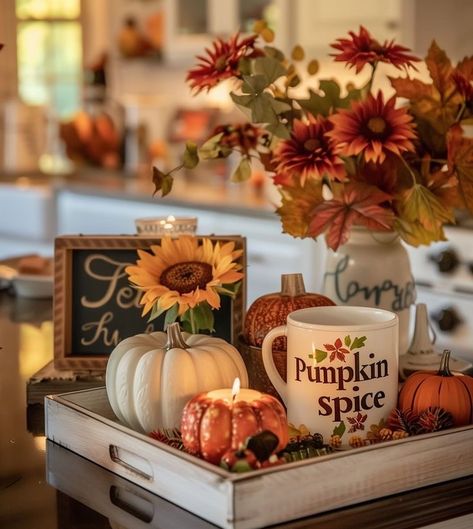 Are you ready for the fall? 🍁🍂🍁 Here are some ideas on how to decorate your home for the fall - just put a tray with your favorite candles, pumpkins and some diy fall decorations on your kitchen counter or coffee table, and it will definitely change the vibe to a cozy, warm one 🍁🍂🍁 Fall Dinnerware, Fall Centerpiece Ideas, Fall Tray Decor, Diy Fall Decorations, Fall Coffee Table Decor, Fall Tray, Rustic Arrangements, Creative Centerpieces, Fall Coffee Table