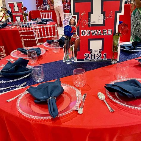 Graduation Party Centerpiece Idea Chico State Graduation Party, University Themed Party, Trunk Party Centerpiece Ideas, Patriotic Graduation Party, Howard Graduation Party, Howard University Graduation Party, Blue And Red Graduation Party Ideas, College Centerpieces, College Graduation Party Ideas Aesthetic