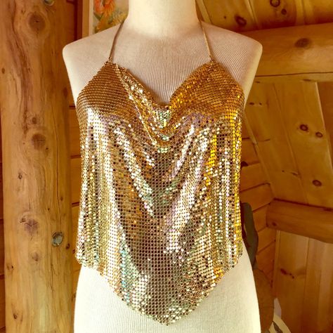 This Express Gold Jewelry Top Is So Sexy, I Just Never Got The Confidence To Wear It. Gold Shirts, Mesh Halter Top, Gold Crop Top, Gold Clothing, 7 Sins, Quince Dress, Gold Shirt, Gold Outfit, Gold Top