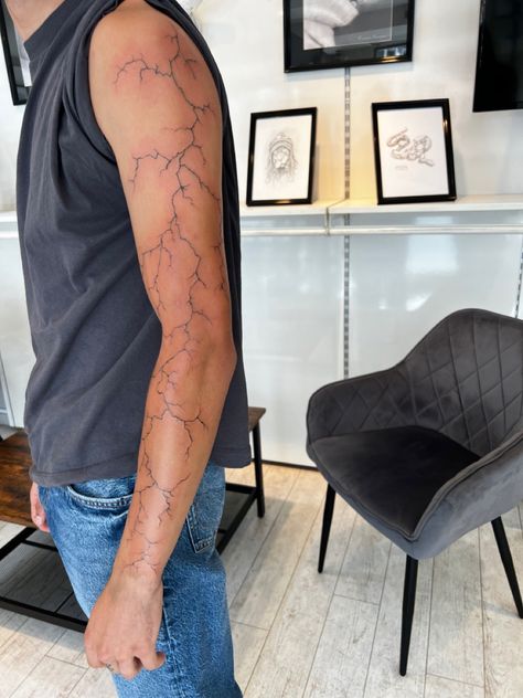 Mens Lightning Bolt Tattoo, Lighting Forearm Tattoo, Thunderstorm Tattoo Sleeve, Thunder Arm Tattoo, Tattoo Thunder And Lightning, Lightning Bolt Leg Tattoo, Lightning Strike Tattoo Arm, Thunder Lightning Tattoo, Uv Lightning Tattoo