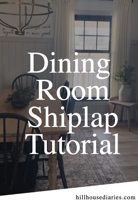 Easy dining room shiplap decor idea! Add behind your fireplace and TV - a shiplap wall and ceiling can make the room feel more spacious. Shiplap can be used in your modern farmhouse dining room, living room, kitchen, and more. The shiplap wall can also be used in the entertainment center to give a rustic feel to the room. Follow for more DIY & Design tips! Shiplap Chair Rail Dining Room, Shiplap In Dining Room, Dining Room Shiplap Wall, Shiplap Wall And Ceiling, Shiplap Dining Room Wall, Shiplap Wall Dining Room, Dining Room Shiplap, Shiplap Dining Room, Shiplap Inspiration