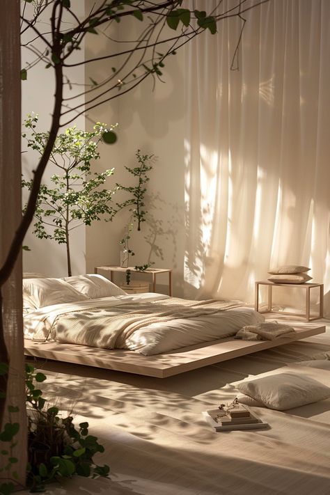 Minimal Room Ideas Aesthetic, House Furniture Aesthetic, Organic Room Aesthetic, Aesthetic One Bedroom Apartment, Subtle Interior Design, Natural Lighting Interior, Minimalist Room Plants, Bed On Floor Room Ideas, Rustic Luxury Bedroom