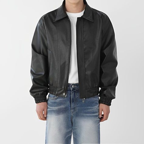 Lightly Cropped PU Leather Jacket - STREETBOY 🌏 www.beastreetboy.com Mens Leather Jacket, Pu Leather Jacket, Men's Leather Jacket, Fall Clothes, March 27, Clothes Style, Men's Wear, Jurassic World, Dream Closet