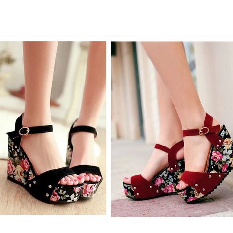 OL Style Women Floral Wedge Sandals Retro High Heel Platform PUMP Open Toe Shoes #New #HighHeel High Heel Sandals Wedges, Wedge Sandals Outfit, Bridal Shoes Wedges, Kasut Tumit Tinggi, Sparkly Wedding Shoes, Hak Tinggi, Accessoires Barbie, Jeans And Wedges, Girls High Heels