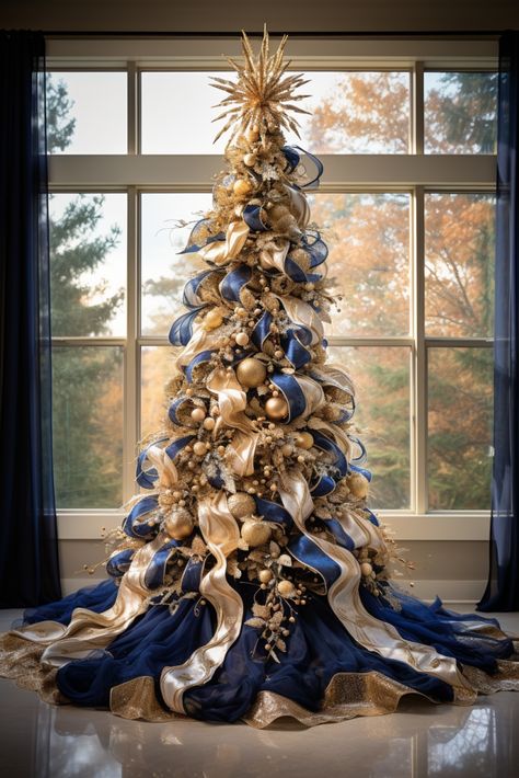 Royal Blue And Gold Christmas Decor, Nutcracker Christmas Tree Theme, Blue And Gold Christmas Tree, Christmas Ceiling, Blue And Gold Christmas, Christmas Banquet, White And Gold Christmas, Blue Christmas Tree Decorations, Glam Christmas Tree