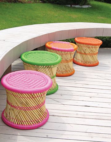 Big in the 1960s and '70s, these Indian bamboo stools are back, updated in tutti-frutti colors. Now the tops are woven of recycled plastic instead of wicker, to be more durable, $35, ENVI DESIGNER CONCEPTS: envi.ca. Restrant Idea, Bamboo Furniture Diy, Bamboo Stool, Bamboo Outdoor, Bamboo Bar, Bamboo Crafts, Bamboo Furniture, Outdoor Stools, Stool Design