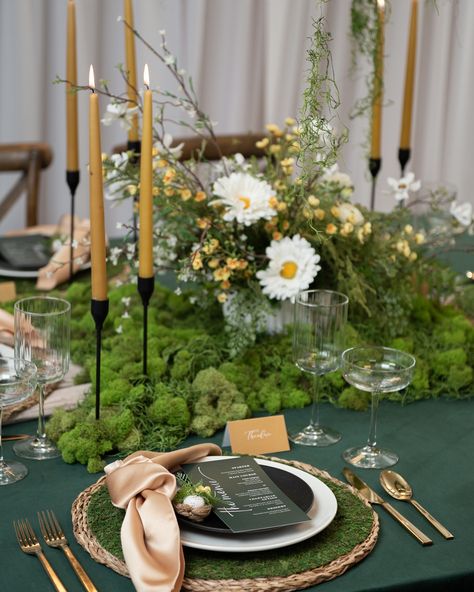 🌿 Bringing the enchanting forest vibes to our showcase table at A Classic showroom, where Alice in Wonderland meets the mystical depths of the forest. 🌳 Special thanks to my creative partner Annaleis from @custombloomsindy for her flower and greenery magic ✨ A Classic Party Rentals @aclassicpartyrental Woodland Wedding Tablescape: Hunter Velvet Linen | Camel Satin Napkin | Vineyard Crossback Chair | Amelia Seagrass Placemat | Avorio China | Matte Black Stoneware | Crown Gold Flatware | ... Forest Vibes, Black Tablecloth, Enchanting Forest, Wedding Tablescape, Crown Gold, Crossback Chairs, Gold Flatware, Classic Party, Wedding Place Settings