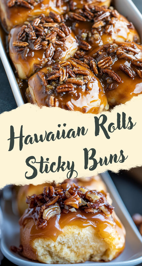 A close-up of gooey sticky buns made from Hawaiian rolls, covered in caramel sauce and topped with chopped pecans. Kings Hawaiian Sweet Rolls, Easy Sticky Buns Recipes, Dinner Recipes Using Hawaiian Sweet Rolls, Sticky Bun Cake, Hawaiian Rolls Dessert, Hawaiian Roll Sticky Buns, Kings Hawaiian Sticky Buns, Pecan Sticky Buns Recipes, Pecan Rolls Recipe Sticky Buns