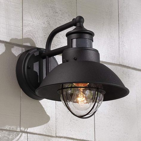 Oberlin 9"H Black Dusk to Dawn Motion Sensor Outdoor Light - #5Y111 | Lamps Plus Farmhouse Outdoor Lighting, Barn Light Fixtures, Traditional Ceiling Lights, Outdoor Wall Light Fixtures, Outdoor Barn Lighting, Exterior Light Fixtures, Black Outdoor Wall Lights, Black Light Fixture, Exterior Wall Light