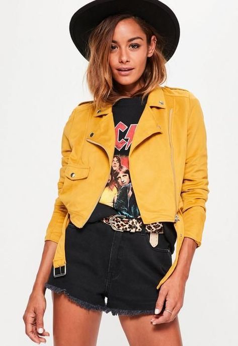 Leather Jacket Outfits, Suede Belt, Yellow Jacket, Suede Jacket, Jackets Online, Biker Jacket, Jacket Outfits, Casual Dresses For Women, Faux Suede