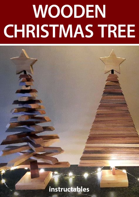 This Christmas tree decoration made out of stacked strips of wood can be oriented in a variety of ways to keep the tree changing. #Instructables #workshop #woodworking #holiday #decor Small Wood Projects For Christmas, Wooden Stacked Christmas Tree, Make Wood Christmas Tree, Wood Xmas Tree Ideas, Stained Wood Christmas Tree, Christmas Tree Cuttings Decor, Diy Wood Christmas Tree Projects, Diy 3d Wood Christmas Tree, Slotted Christmas Tree Diy