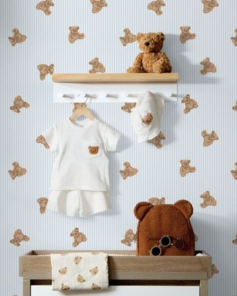 All posts • Instagram Teddy Bear Wallpaper Nursery, Wallpaper For Boy Nursery, Nursery Ideas Bear Theme, Brown And Blue Nursery, Boy Nursery Bear Theme, Baby Boy Nursery Teddy Bear Theme, Baby Boy Teddy Bear Nursery, Teddy Bear Themed Nursery, Teddy Bear Room Decor