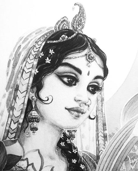 Vedic Tales on Instagram: “What does Srimati Radharani wear on Her neck? This is the question. Krsna Himself is Indra-nilamani. Srimati Radharani will only wear this…” Srimati Radharani, Realistic Pencil Drawings, Canvas Art Quotes, Pencil Sketch Images, Pen Art Drawings, Girl Drawing Sketches, Indian Painting, Goddess Artwork, Indian Folk Art