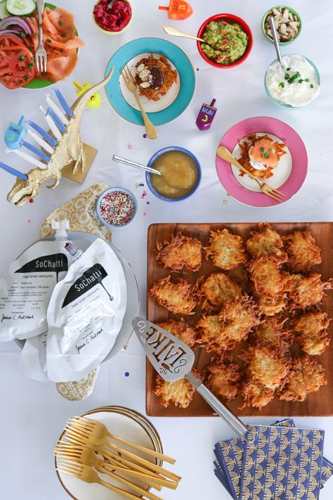 How to Host a Latke Bar Party- latke tips, topping ideas and more! #sponsored by SoChatti Latke Bar, Chanukah Recipes, Hannukah Recipes, Eggplant Caviar, Recipe Eggplant, Matzah Ball, Hanukkah Party, Hanukkah Food, Chanukah Party