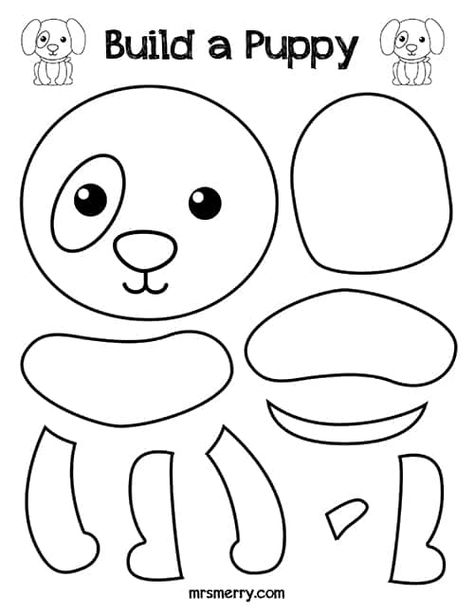 black & white-Build-a-Puppy-Kids-Activities-Mrs.-Merry_opt Build A Animal Free Printable, Puppy Template Free Printable, Build A Printable, Build An Animal Printable, Puppy Crafts For Kids, Free Printable Crafts For Kids, Printable Preschool Crafts, Free Kids Printables, Animal Craft Ideas