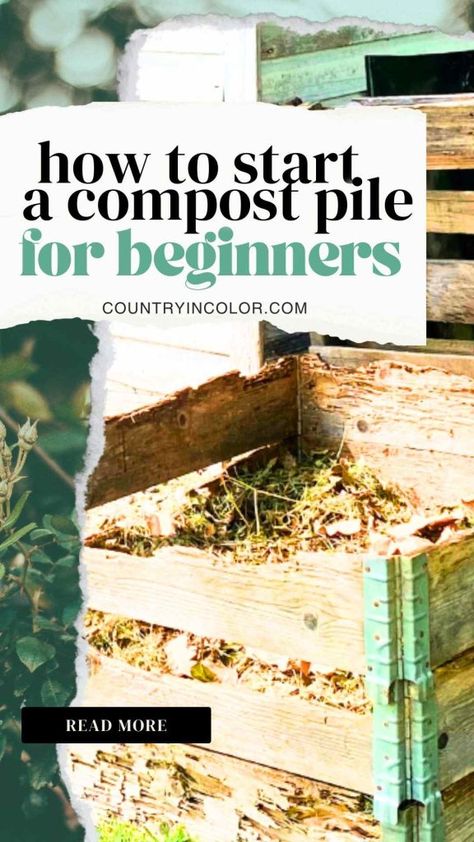 Discover how to start a compost pile in your backyard, suited for beginners! Follow our guide to understand how to create your own compost heap or bin, turning your kitchen scraps into rich soil for your garden. Visit www.countryincolor.com for more gardening tips. Beginner Composting Get Started, How To Create A Compost Bin, Simple Composting For Beginners, Starting Compost Bin, How To Start A Compost, Starting A Compost Pile, Starting A Compost Bin, Compost Pile Ideas, Compost Bins Diy