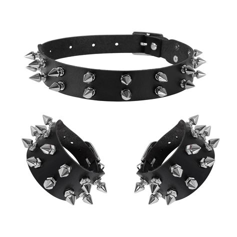 PRICES MAY VARY. Halloween Punk Choker and Bracelet Set: These spike choker bracelet set are made of quality faux leather and alloy, durable material comfortable touch feel, long time use. Leather Choker Bracelet Convenient Size: cool punk gothic collar is 43* 2.5cm(16.9*1") , punk gothic bracelet is 22*4cm(8.7*1.6"). Studded necklace bracelet, Leather jewelry, punk rock biker style with spike rivet decoraction, button adjustable, suitable for men women. Wide Application: Great for goth accessor Spiked Cuffs, Spiked Necklace, Spike Choker, Spiked Collar, Studded Choker, Punk Choker, Halloween Party Accessories, Gothic Bracelet, Goth Accessories