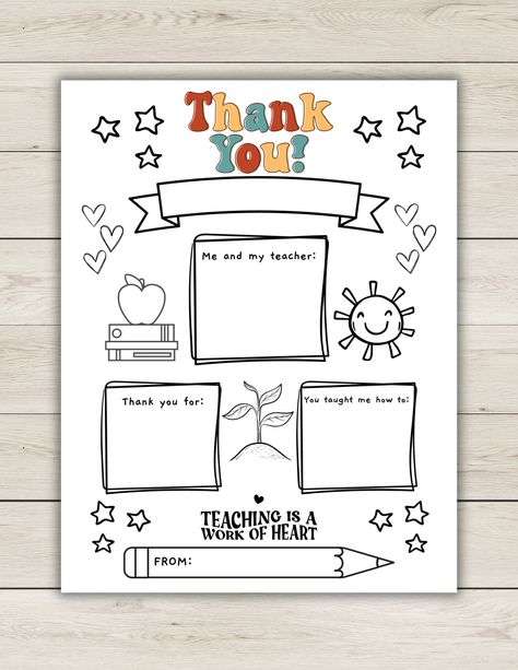 "Looking for a heartfelt and personalized way for your child to show their appreciation to their teacher? This teacher appreciation printable is the perfect solution! This printable features a black and white fun design that your child can color and fill out with their own words to express their gratitude and admiration for their teacher.  Simply print out the template and let your child complete it!  High resolution 300dpi and the perfect size 8.5\" x 11\" - file comes as a PDF. Please note tha Free Teacher Appreciation Printables, Teacher Appreciation Gifts Printables, Printable Teacher Appreciation, Teacher Appreciation Printables, Appreciation Printable, Letter To Teacher, Preschool Graduation, Thank You Teacher Gifts, Gift Printable