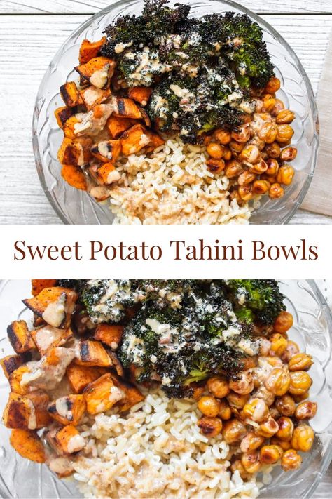 Sweet Potato Tahini, Broccoli Roasted, Bowls Healthy, Potatoes Roasted, Savory Rice, Crispy Chickpeas, Healthy Bowls, Broccoli Rice, God Mat