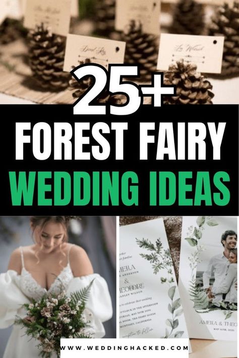 25+ Forest Fairy Wedding Ideas: Invitations, Dress, Veil, Decor, Ceremony Ideas For A Magical Forest Theme Wedding! Woodland Forest Wedding Theme, Fairy Wedding Ideas, Forest Theme Wedding Invitations, Fairy Core Wedding, Forest Fairy Wedding, Fairy Wedding Theme, Wedding Ideas Invitations, Forest Wedding Decorations, Fairy Tail Wedding