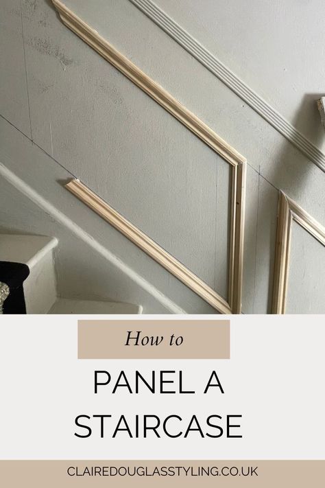 a staircase wall with panelling being installed Stair Panelling, Stair Moulding, Staircase Molding, Stairs Trim, Diy Staircase Makeover, Stair Paneling, Wainscoting Stairs, Picture Frame Moulding, Diy Staircase