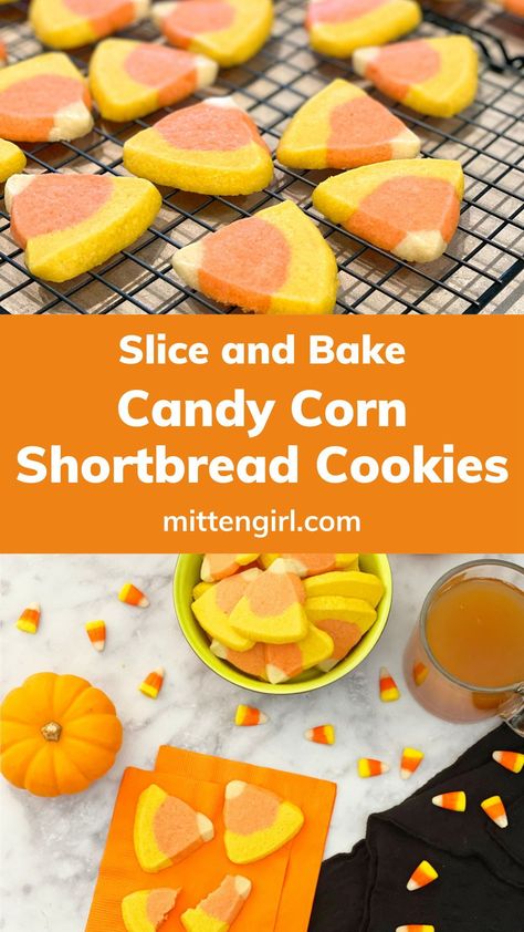 Candy Corn Shortbread Cookies, Cookies With Candy Corn, Slice And Bake Halloween Cookies, Candy Corn Cookies Recipe, Halloween Slice And Bake Cookies, Candy Corn Recipe, Fun Appetizers, Corn Cookies, Refrigerator Cookies