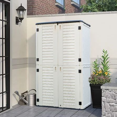 KINYING Outdoor Weather Resistance 4 ft. 2 in. W x 2 ft. 5 in. D Resin Vertical Tool Shed | Wayfair Outdoor Pool Storage Cabinet, Alley Storage, Outdoor Storage Ideas Waterproof, Outdoor Freezer, Outdoor Storage Ideas, Outdoor Tool Storage, Carport Ideas, Garage Designs, Outdoor Shelves