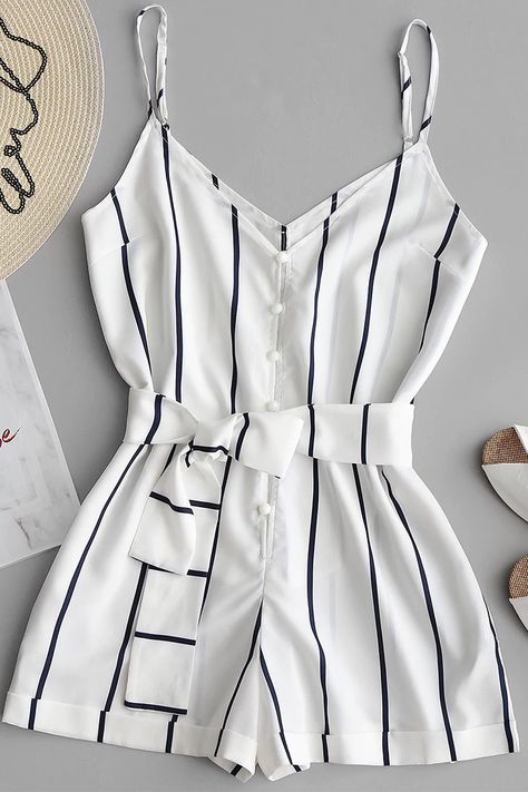 Striped Belted Cami Romper - White Xl Beige High Heels, Cami Romper, Casual Rompers, Cute Rompers, Cute Summer Outfits, Black Romper, Outfit Casual, Teen Fashion Outfits, Mode Style