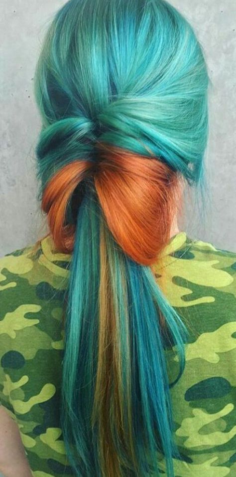 Turquoise green orange dyed hair @theunicorntribe Orange Dyed Hair, Rainbow Highlights, Nails Orange, Hair Color Orange, Dyed Hair Pastel, Blue Ombre Hair, Ombre Blond, Colored Hair Tips, Colourful Hair