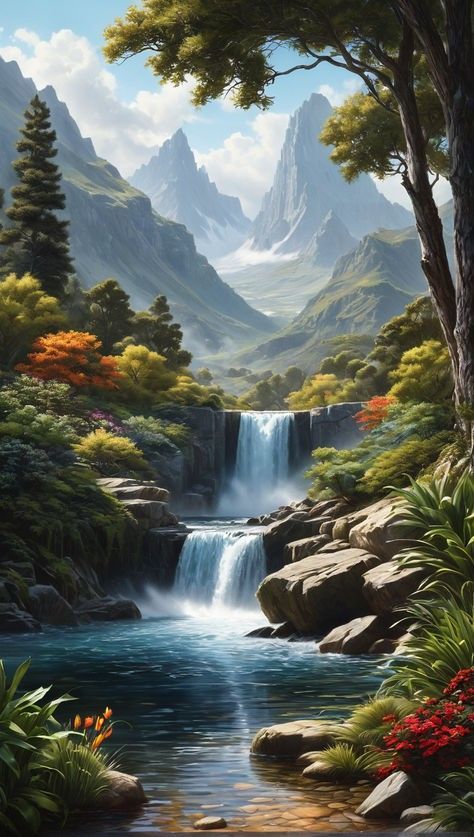 Calming Pictures, Waterfall Paintings, Mountain Waterfall, Beautiful Ocean Pictures, Landscape Paintings Acrylic, Landscape Art Painting, Beautiful Images Nature, Great Paintings, Nature Art Painting