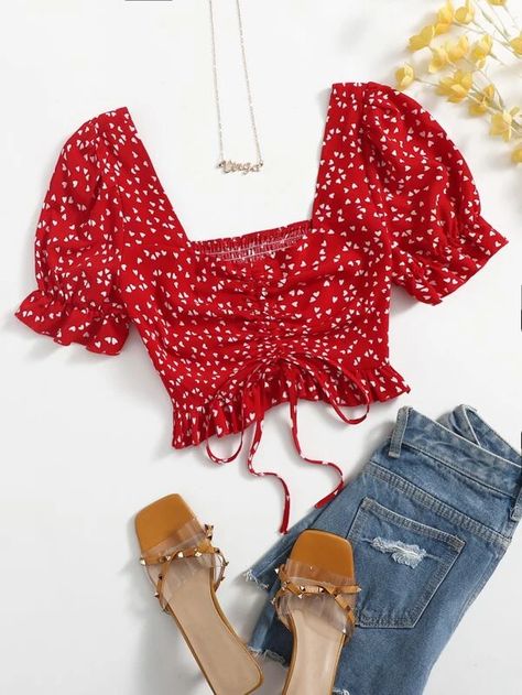 Allover Heart Print Ruffle Trim Drawstring Ruched Front Crop Top | SHEIN USA Red Crop Top Outfit, Girls Top Design, Crop Top Design, Chiffon Crop Top, Crop Top Designs, Red Crop Top, Skirt And Top Set, Trendy Fashion Tops, Summer Crop Tops