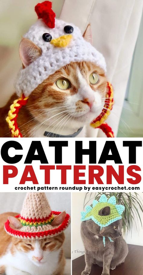 13 Adorable Crochet Cat Hat Patterns Hats For Cats, Crocheting Tutorial, Cat Hat Pattern, Kat Haken, Crochet Cat Toys, Crochet Cat Hat, Chat Crochet, Crochet Cat Pattern, Tutorial Ideas