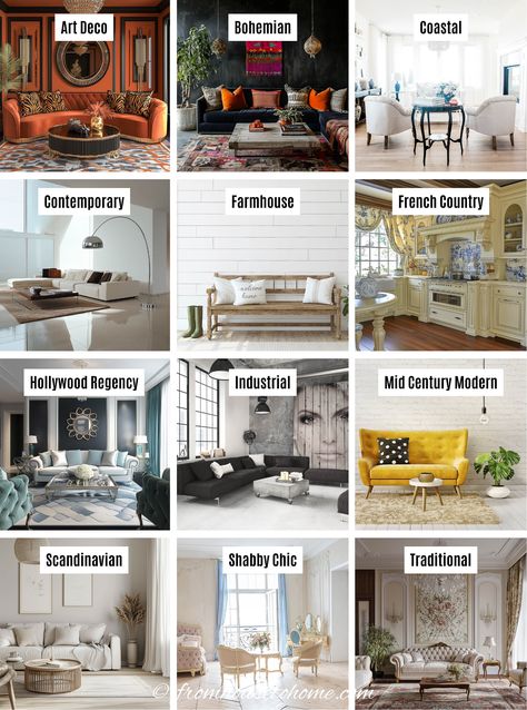 common decorating styles Decorating Styles Find Your Quiz, Home Decor Styles Quiz, Find Your Interior Design Style, House To Home, Interior Decorating Tips, Coastal Contemporary, Interior Decorating Styles, Decorating Styles, Contemporary Farmhouse