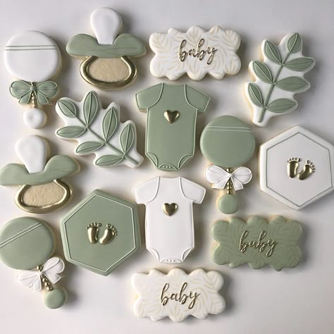 Eucalyptus Cookies Decorated, Sage Green Baby Shower Cookies, Eucalyptus Cookies, Green Baby Shower Cookies, Simple Baby Shower Cookies, Baby Shower Cookies Neutral, Baby Shower Biscuits, Sage Green Baby Shower