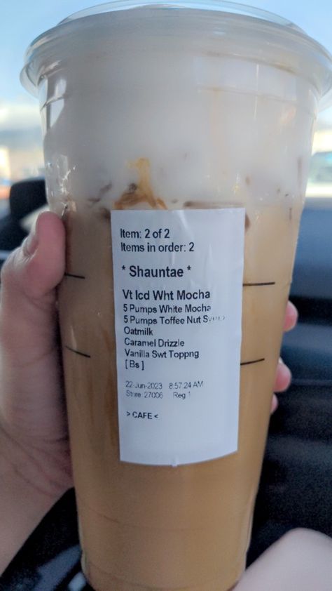 I get it in a trenta because there's a lot going in it. They forgot to put 5 shots of espresso on my ticket. It's so yummy though. Somewhat pricey but not too bad. Trenta Starbucks, Toffee Nut, Starbucks Secret Menu Drinks, Starbucks Secret, White Mocha, Starbucks Secret Menu, Secret Menu, I Get It, So Yummy