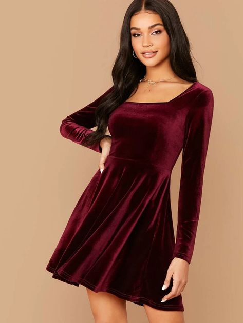 Square Neck Flared Velvet Dress | SHEIN USA Petite Evening Dresses, Velvet Skater Dress, Velvet Dress Short, Burgundy Velvet Dress, Velvet Evening Dress, Dresses By Pattern, 파티 드레스, Velvet Shorts, Shein Dress