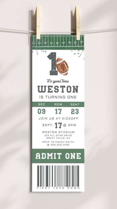 Get ready for a game day birthday bash! Our football birthday printables for a first birthday party, were created with a neutral color palette and watercolor elements and are sure to be a hit for both boys and girls birthday parties. We love this ticket style birthday invitation for your child's football first birthday party! Purchase this and other football party printables in our best selling birthday party collection in the High Peaks Studios shop now! #BirthdayPartyIdeas #FirstBirthdayParty Mvp Birthday Theme, Tutus And Touchdowns Birthday Party, 1st Down Football Birthday Party Invitation, Football 30th Birthday Party, First Down Bday Party, Football First Birthday Party Decorations, Football Ticket Invitation, Tailgate 1st Birthday Party, Football 40th Birthday Party