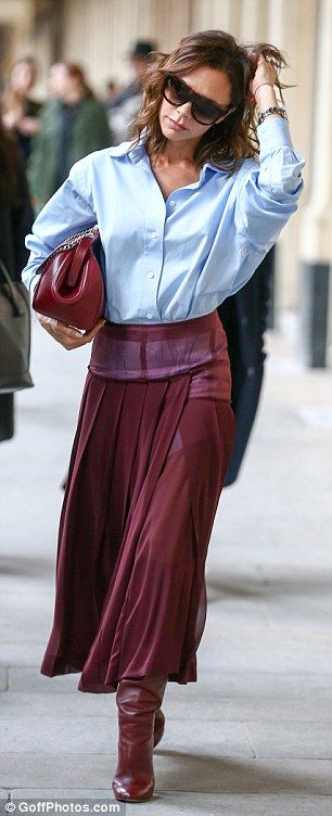 Bag yourself a burgundy skirt like Victoria Beckham Click "Visit" to buy #DailyMail Burgundy Skirt Outfit Work, Maroon Skirt Outfit Winter, Maroon And Blue Outfit, Burgundy Skirt Outfit Winter, Maroon Bag Outfit, Burgundy Mini Skirt Outfit, Burgundy Pencil Skirt Outfit, Burgundy And Blue Outfit, Burgundy Leather Skirt Outfit