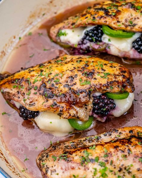 Melty Blackberry Jalapeno Stuffed Chicken | Clean Food Crush Jalapeno Stuffed Chicken, High Protein Cheesecake, Fresh Corn Salad, Jalapeno Chicken, Clean Eating Challenge, Clean Food Crush, Food Crush, Chicken Dish, Favorite Chicken